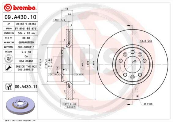 A.B.S. 09.A430.11 - Kočioni disk www.molydon.hr