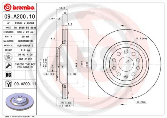 A.B.S. 09.A200.11 - Kočioni disk www.molydon.hr