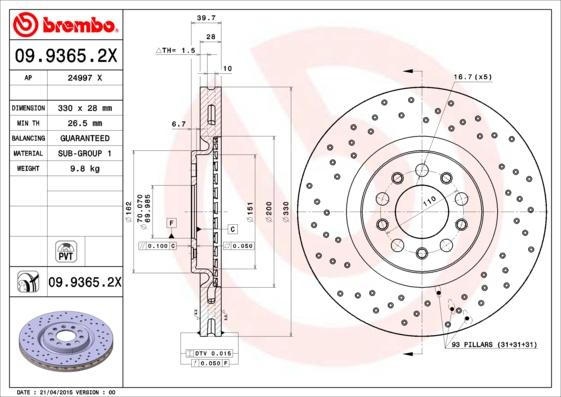 Brembo 09.9365.2X - Kočioni disk www.molydon.hr