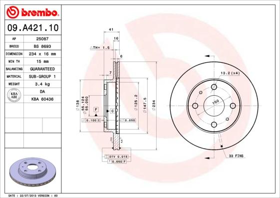 Brembo 09.A421.10 - Kočioni disk www.molydon.hr