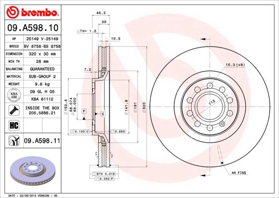 Brembo 09.A598.11 - Kočioni disk www.molydon.hr