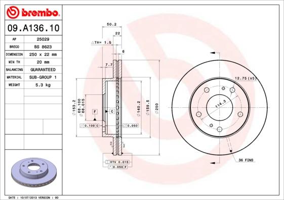 Brembo 09.A136.10 - Kočioni disk www.molydon.hr