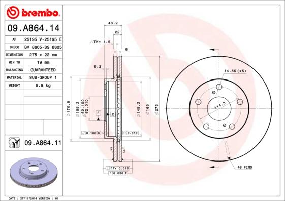 Brembo 09.A864.11 - Kočioni disk www.molydon.hr