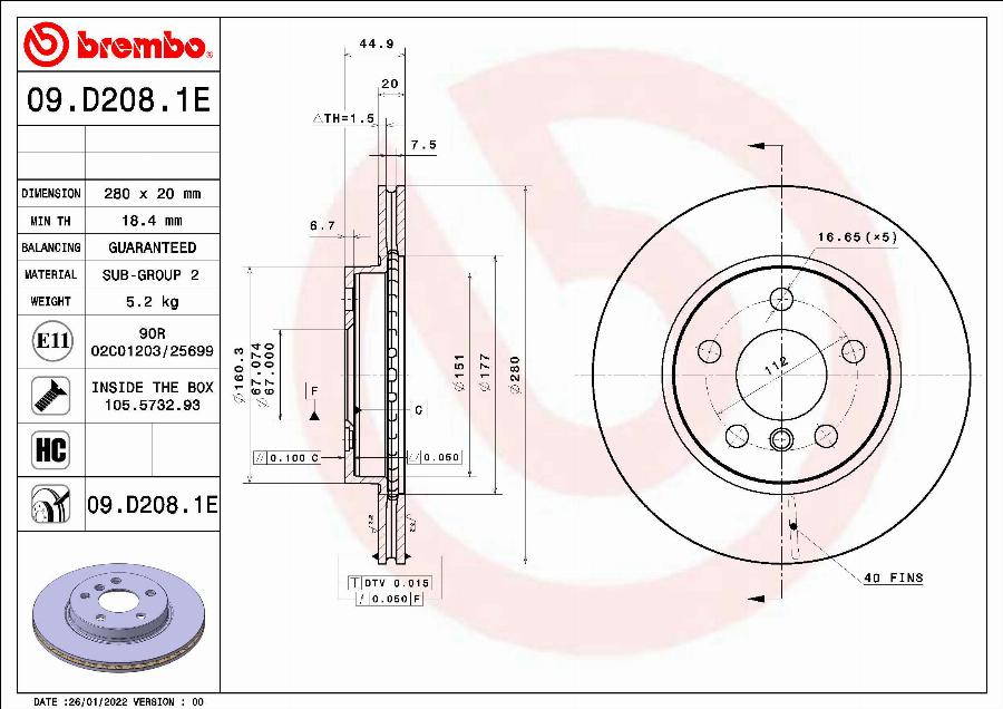 Brembo 09.D208.1E - Kočioni disk www.molydon.hr