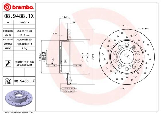 Brembo 08.9488.1X - Kočioni disk www.molydon.hr
