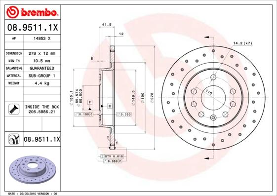 Brembo 08.9511.1X - Kočioni disk www.molydon.hr