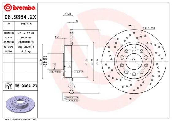 Brembo 08.9364.2X - Kočioni disk www.molydon.hr