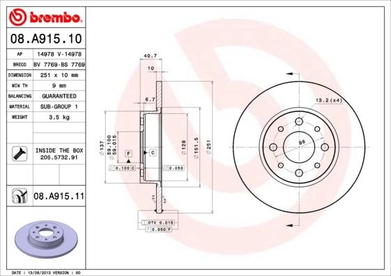 Brembo 08.A915.10 - Kočioni disk www.molydon.hr