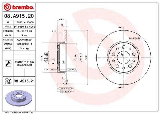 Brembo 08.A915.20 - Kočioni disk www.molydon.hr