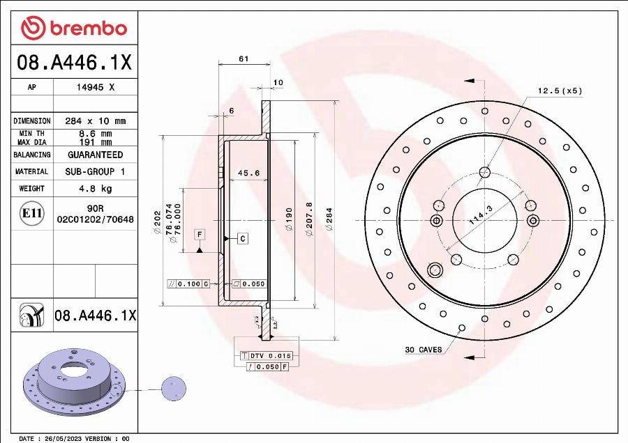 Brembo 08.A446.1X - Kočioni disk www.molydon.hr