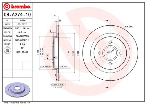 Brembo 08.A274.10 - Kočioni disk www.molydon.hr