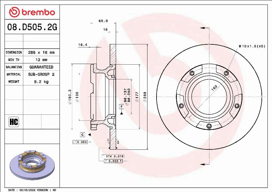 Brembo 08.D505.2G - Kočioni disk www.molydon.hr