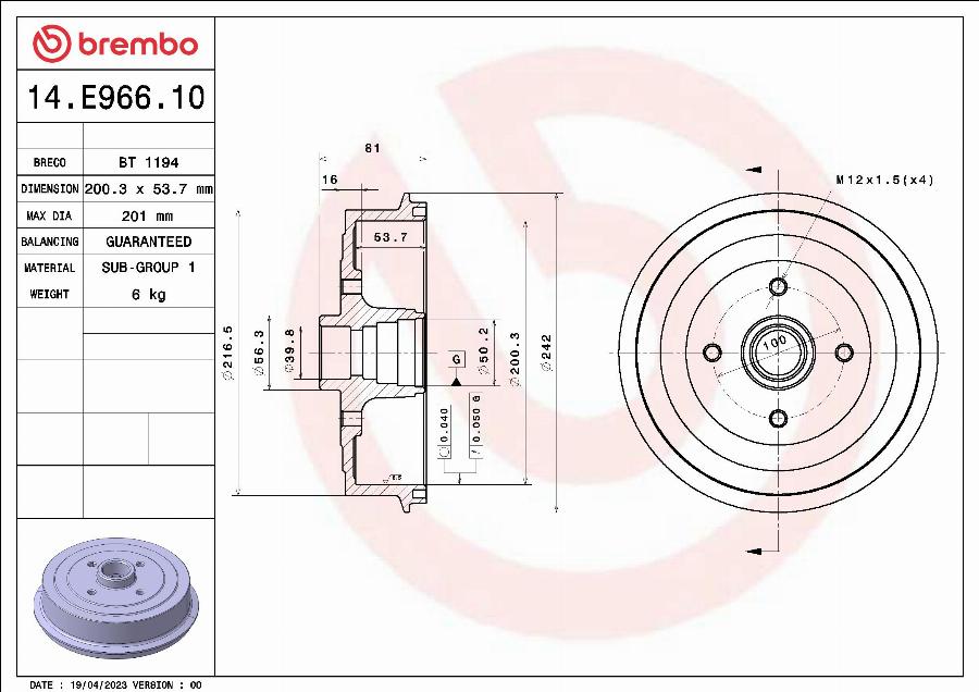 Brembo 14.E966.10 - Bubanj kočnica www.molydon.hr