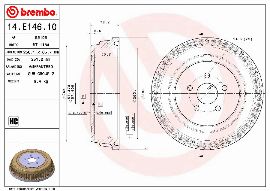 Brembo 14.E146.10 - Bubanj kočnica www.molydon.hr