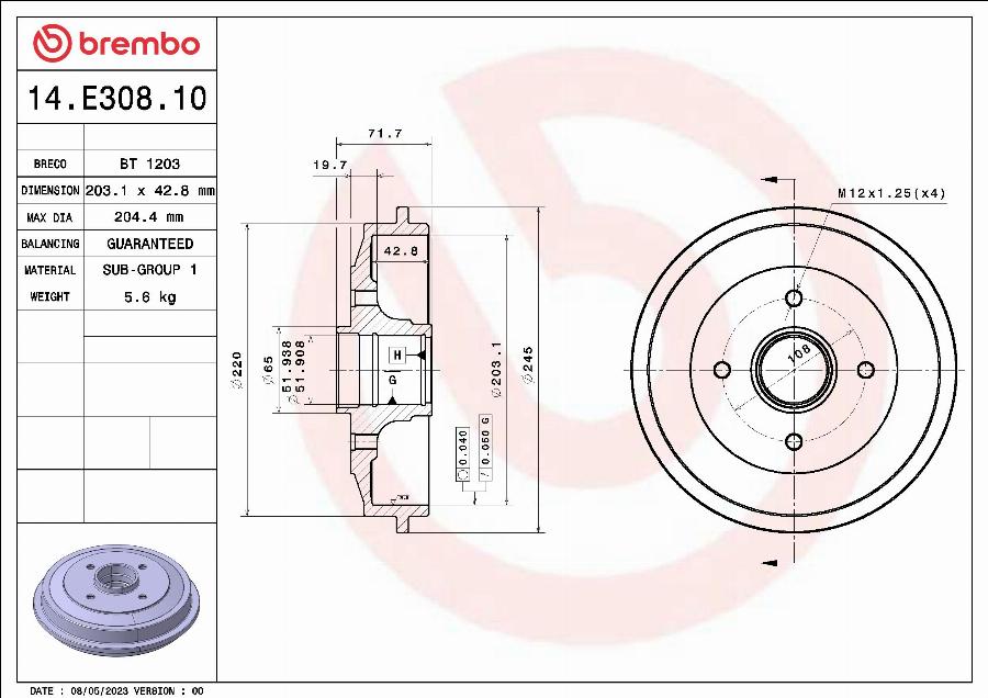 Brembo 14.E308.10 - Bubanj kočnica www.molydon.hr