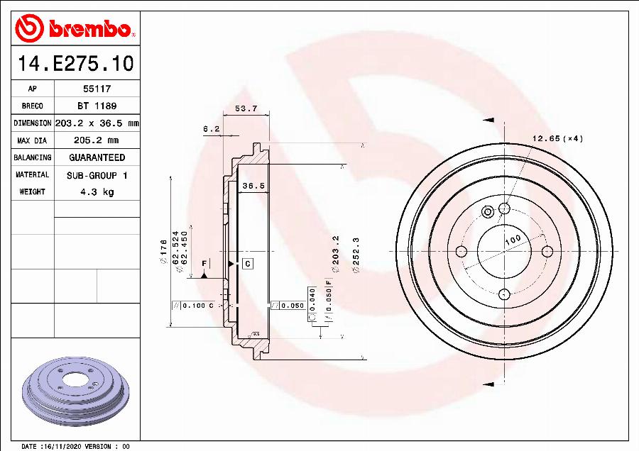 Brembo 14.E275.10 - Bubanj kočnica www.molydon.hr