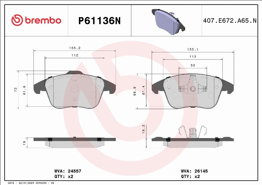 Brembo P61136N - Komplet Pločica, disk-kočnica www.molydon.hr