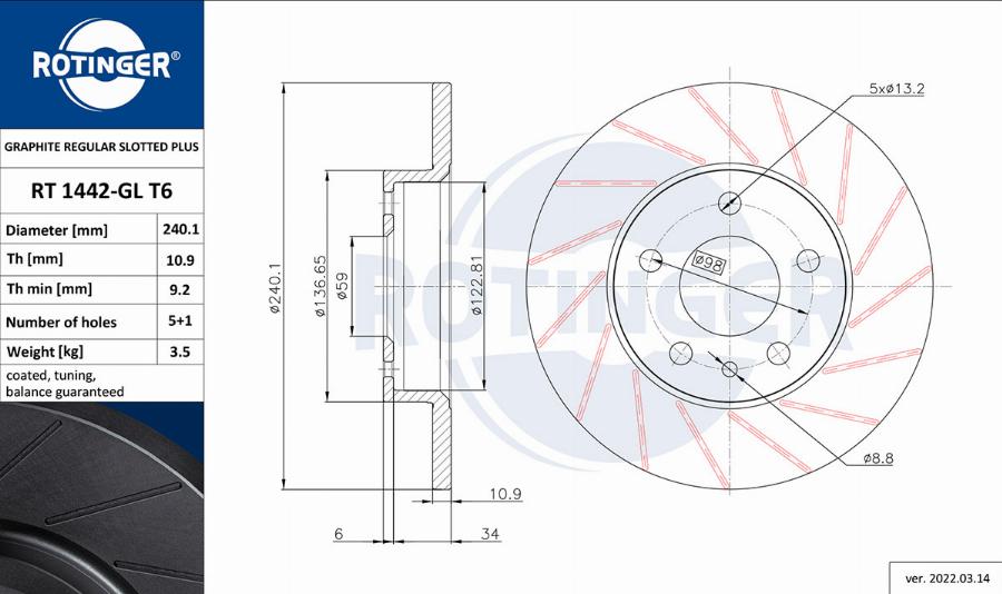 Rotinger RT 1442-GL T6 - Kočioni disk www.molydon.hr