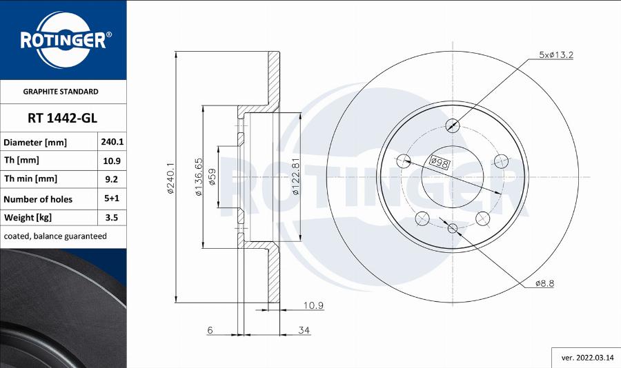 Rotinger RT 1442-GL - Kočioni disk www.molydon.hr